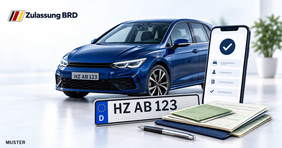 Online Fahrzeugzulassung in Landkreis Harz: Musterkennzeichen HZ AB 123, Auto und Fahrzeugpapiere und Smartphone. Illustration mit Logo von Zulassung BRD.